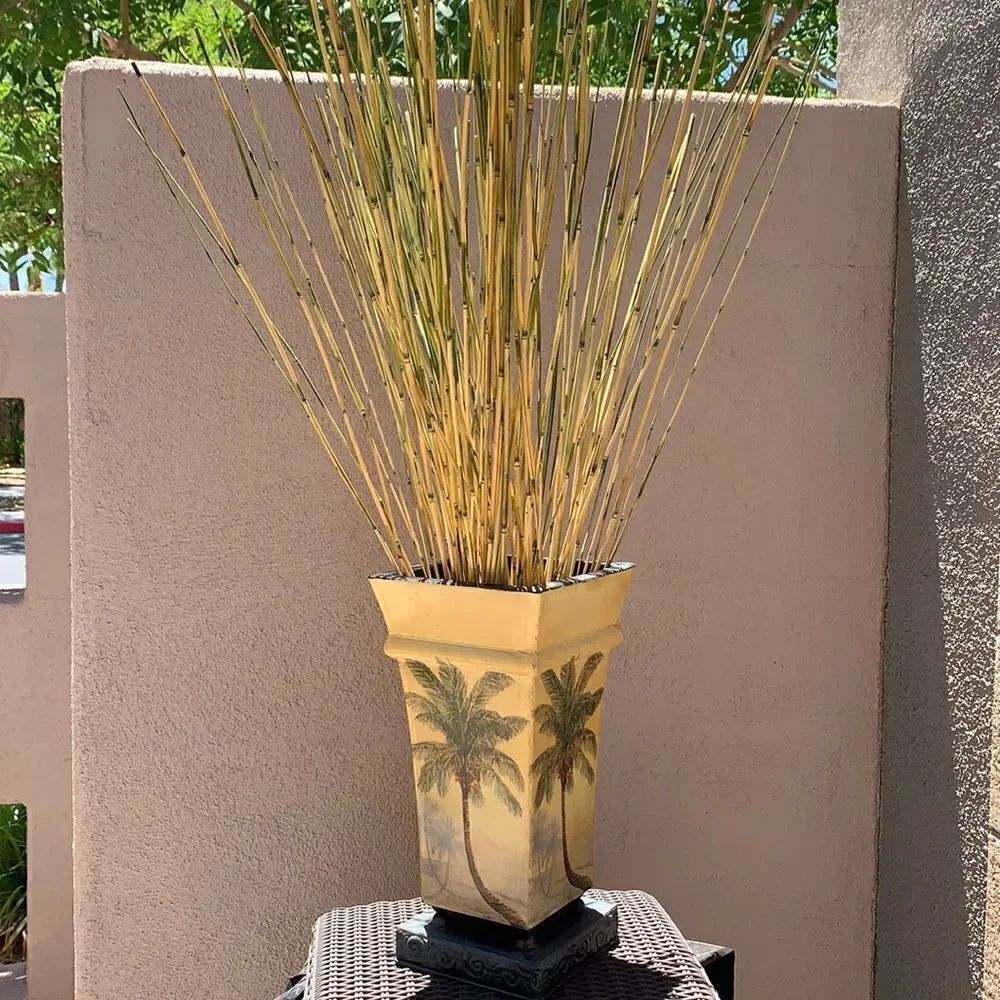 Vintage Metal Palm Tree Design Vase Weighted Base Footed Bottom 14 1/2 Inch Tall